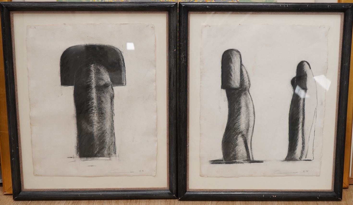 Stephen Cox (b.1946), Abstract studies for a sculpture, signed and dated '88, pair of charcoal sketches on paper, for the Ganapathi and Devi series, 38 x 30cm